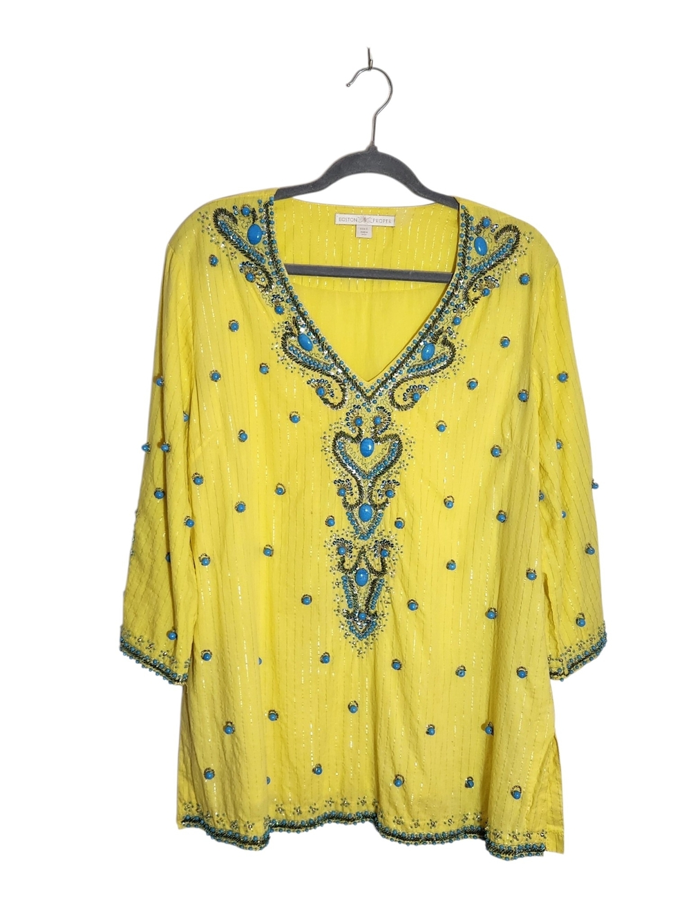 Boston Proper Boho Yellow Beaded Tunic Blouse Size Large Flaw